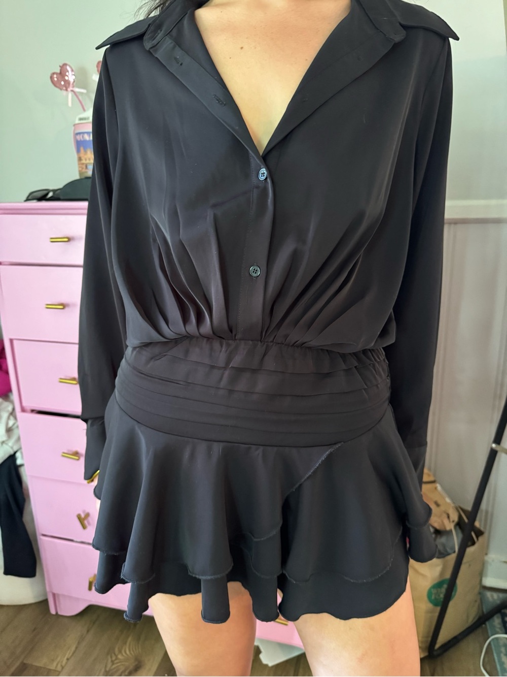 Black Long Sleeve Waist-Detail Ruffle Mini Dress